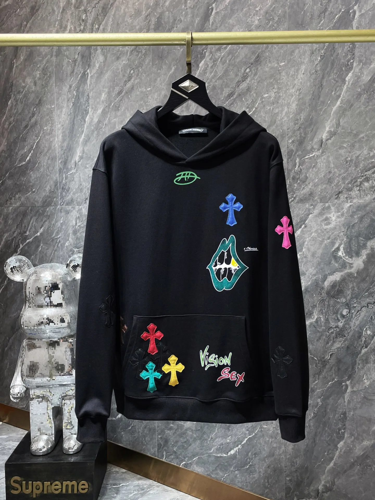 P276 Chrome Hearts Autumn and Winter 2025 Counter Synchronization Colorful cross patchwork leather Sanskrit hand-painted graffiti hooded sweatshirt Special customized version 1:1 high weight fabric Highest version Imported leather Recommended color: black gray Code number: S, M, L, XL